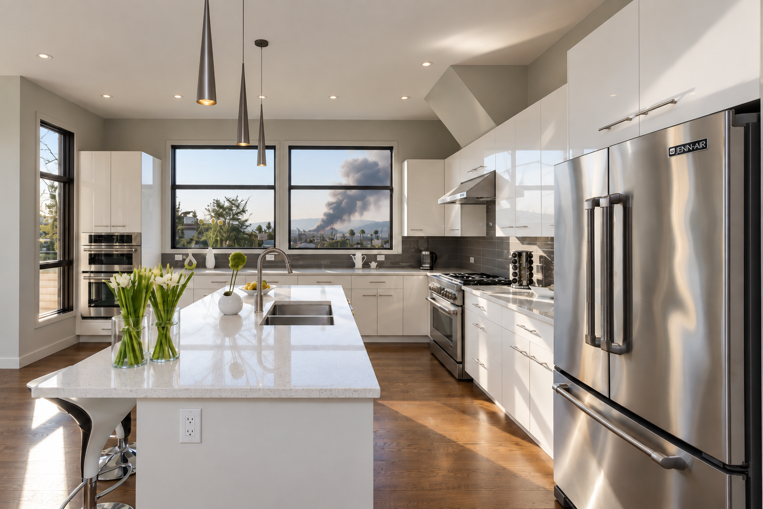 Clean modern kitchen with smoke from a nearby fire visible outside